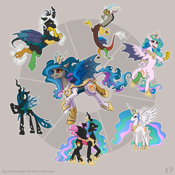 Size: 2000x2000 | Tagged: safe, artist:kp-shadowsquirrel, discord, princess celestia, queen chrysalis, alicorn, changeling, changeling queen, changepony, draconequus, pony, g4, fusion, fusion diagram, fusion:discord, fusion:princess celestia, fusion:queen chrysalis, hexafusion, high res, hybrid wings, open mouth, raised hoof, simple background, xk-class end-of-the-world scenario