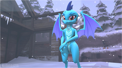 Size: 7690x4330 | Tagged: dead source, safe, artist:nicolovisky, princess ember, dragon, g4, 3d, absurd resolution, claws, dragon wings, dragoness, female, forest, horns, snow, solo, spread wings, tree, wings