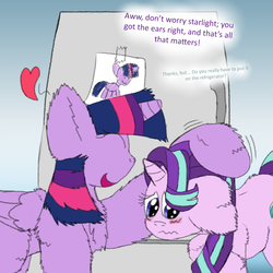 Size: 1280x1280 | Tagged: safe, artist:firefanatic, starlight glimmer, twilight sparkle, alicorn, pony, g4, big ears, blushing, cute, dialogue, doodle, drawing, embarrassed, fluffy, head pat, heart, impossibly large ears, refrigerator, twilight sparkle (alicorn)