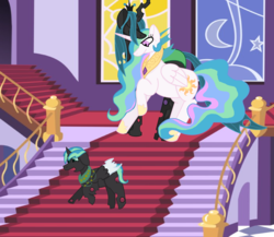Size: 3136x2720 | Tagged: safe, artist:glamgoria-morose, princess celestia, queen chrysalis, oc, oc:ambrosia, alicorn, changeling, changeling queen, changepony, hybrid, pony, g4, cute, cutealis, cutelestia, female, high res, interspecies offspring, lesbian, magical lesbian spawn, male, mommy chrissy, mother and son, ocbetes, offspring, parent:princess celestia, parent:queen chrysalis, parents:chryslestia, ship:chryslestia, shipping