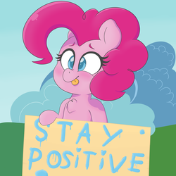 Size: 1280x1280 | Tagged: safe, artist:matitas, pinkie pie, earth pony, pony, g4, :p, bipedal, blushing, chest fluff, colored pupils, cross-eyed, cute, diapinkes, female, fluffy, motivational poster, nose wrinkle, positive ponies, sign, smiling, solo, tongue out