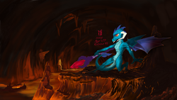 Size: 2195x1235 | Tagged: safe, artist:skrapbox, princess ember, dragon, g4, bloodstone scepter, claws, dragon lord ember, dragon wings, dragoness, female, horns, lava, magma, pointing, queen, solo, spread wings, wings, wip