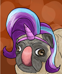 Size: 966x1153 | Tagged: safe, artist:slamjam, starlight glimmer, dog, pug, g4, barely pony related, derp, doggo, fake horn, female, ponified, solo, tongue out, wat