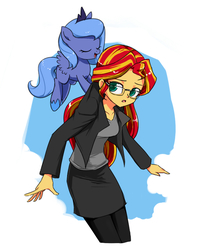 Size: 629x760 | Tagged: safe, artist:twilite-sparkleplz, princess luna, sunset shimmer, equestria girls, g4, carrying, clothes, cute, filly, flying, glasses, open mouth, pants, simple background, skirt, twilite-sparkleplz is trying to murder us, white background, woona, younger