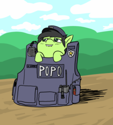Size: 1000x1112 | Tagged: safe, artist:happy harvey, oc, oc only, oc:anon, oc:filly anon, earth pony, pony, badge, baton, bulletproof vest, clothes, cloud, colored, female, filly, hat, hill, lip bite, name tag, pepper spray, phone drawing, police, police officer, police uniform, radio, road, solo, vest