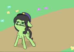 Size: 1000x712 | Tagged: safe, artist:happy harvey, oc, oc only, oc:anon, oc:filly anon, baton, chest fluff, cutie mark, female, filly, floppy ears, flower, grass, hat, phone drawing, police, road, solo