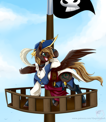 Size: 1280x1477 | Tagged: safe, artist:pinktabico, oc, oc only, pegasus, pony, bicorne, clothes, hat, open mouth, patreon, patreon reward, pirate, pirate hat, ship, solo, watermark