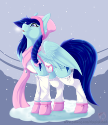 Size: 1280x1477 | Tagged: safe, artist:pinktabico, oc, oc only, oc:snow flake, pegasus, pony, clothes, cute, female, leg warmers, looking up, mittens, open mouth, patreon, scarf, snow, snowfall, solo, tongue out, winter outfit