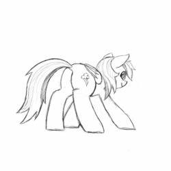 Size: 1280x1280 | Tagged: safe, artist:trickydick, rainbow dash, pegasus, pony, g4, butt, dock, female, looking back, monochrome, plot, simple background, sketch, solo, white background
