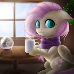 Size: 1200x1200 | Tagged: safe, artist:zukiq314, discord, fluttershy, g4, chocolate, clothes, cottagecore, duo, food, hot chocolate, looking at you, mug, scarf, sitting, snow globe, wreath
