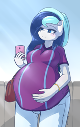 Size: 967x1539 | Tagged: safe, artist:bumpywish, oc, oc only, oc:blue drip, anthro, belly, big belly, pregnant, solo