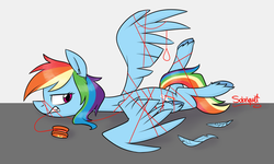Size: 1024x614 | Tagged: dead source, safe, artist:flourret, rainbow dash, pegasus, pony, g4, annoyed, bound, ear fluff, feather, female, gritted teeth, looking back, mare, rainbond dash, signature, solo, string, tangled up, tied up, unshorn fetlocks, upset, yo-yo