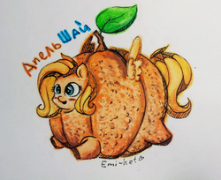 Size: 667x543 | Tagged: safe, artist:emi~ket, fluttershy, g4, what about discord?, flutterrange, food, food transformation, inanimate tf, orange, orangified, russian, simple background, solo, traditional art, transformation, translated in the comments