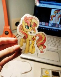 Size: 390x488 | Tagged: safe, artist:emi~ket, sunset shimmer, pony, g4, irl, photo, solo, sticker, tongue out, traditional art