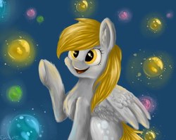 Size: 653x521 | Tagged: safe, artist:emi~ket, derpy hooves, pegasus, pony, g4, bubble, female, simple background, solo