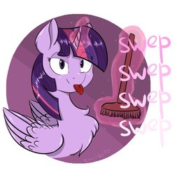 Size: 500x500 | Tagged: safe, artist:emi~ket, twilight sparkle, alicorn, pony, g4, :p, broom, chest fluff, female, fluffy, levitation, lidded eyes, looking at you, magic, misspelling, smiling, solo, swanlight sparkle, sweeping, sweepsweepsweep, telekinesis, tongue out, twilight sparkle (alicorn)