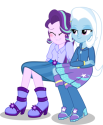 Size: 4121x5000 | Tagged: safe, artist:limedazzle, starlight glimmer, trixie, equestria girls, g4, absurd resolution, blushing, boots, clothes, cute, equestria girls-ified, female, high heel boots, high heels, jacket, lesbian, ship:startrix, shipping, show accurate, simple background, sitting, skirt, transparent background, vector