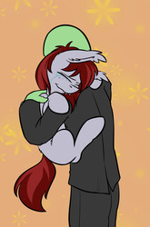 Size: 1252x1900 | Tagged: safe, artist:duop-qoub, oc, oc only, oc:anon, oc:vannie, bat pony, pony, /mlp/, abstract background, black lines, clothes, crying, eyes closed, fangs, female, holding a pony, hug, mare, royal guard mare, suit, tears of joy