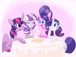 Size: 2000x1500 | Tagged: safe, artist:ogaraorcynder, cookie crumbles, rarity, twilight sparkle, twilight velvet, alicorn, pony, rartwi, g4, female, lesbian, mother and daughter, ship:rarilight, shipping, smiling, table, twilight sparkle (alicorn)