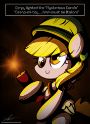 Size: 1600x2200 | Tagged: safe, artist:therandomjoyrider, derpy hooves, pegasus, pony, g4, dynamite, explosives, female, hat, smiling, solo, this will end in death, this will end in tears, this will end in tears and/or death