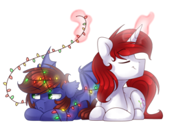 Size: 1023x746 | Tagged: safe, artist:starlyfly, oc, oc only, oc:frozen blade, oc:warly, bat pony, pony, unicorn, :<, christmas lights, cute, floppy ears, frown, gay, grumpy, levitation, looking away, magic, male, nose wrinkle, prone, simple background, smiling, spread wings, tangled up, telekinesis, transparent background, unamused