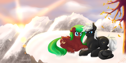 Size: 6000x3000 | Tagged: safe, artist:falcotte, oc, oc only, earth pony, pegasus, pony, absurd resolution, colt, couple, cute, female, filly, male, mountain, shipping, straight, sunset, switzerland, unshorn fetlocks