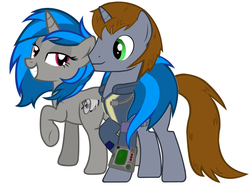 Size: 1356x1024 | Tagged: safe, oc, oc only, oc:homage, oc:littlepip, pony, unicorn, fallout equestria, 1000 hours in ms paint, bedroom eyes, clothes, fanfic, fanfic art, female, half r63 shipping, hetero littlepip, horn, hug, jumpsuit, male, mare, ms paint, oc x oc, pipbuck, raised hoof, rule 63, ship:pipmage, shipping, simple background, stallion, straight, tail hug, vault suit, white background