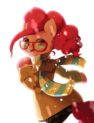 Size: 1200x1570 | Tagged: safe, artist:hidamariru, pinkie pie, earth pony, semi-anthro, g4, clothes, coat, cute, female, glasses, looking back, pantyhose, pixiv, scarf, skirt, snow, solo