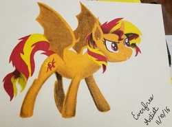 Size: 3070x2268 | Tagged: safe, artist:everfreeartist, sunset shimmer, alicorn, bat pony, bat pony alicorn, pony, g4, alicornified, bat ponified, charcoal (medium), female, high res, lineless, mare, marker drawing, race swap, shimmercorn, simple background, solo, spread wings, traditional art, white background