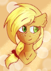 Size: 725x1012 | Tagged: safe, artist:drunk-reindeer, applejack, g4, aside glance, bust, colored pupils, female, hatless, missing accessory, portrait, solo