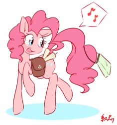 Size: 1842x1956 | Tagged: safe, artist:akainu_pony, pinkie pie, earth pony, pony, g4, bag, female, mare, music notes, saddle bag, scroll, shadow, shopping bag, simple background, solo