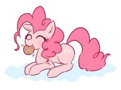 Size: 1533x1149 | Tagged: safe, artist:akainu_pony, pinkie pie, earth pony, pony, g4, cookie, cute, diapinkes, female, food, mouth hold, prone, simple background, solo