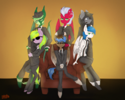 Size: 2200x1771 | Tagged: safe, artist:lonerdemiurge_nail, oc, oc only, oc:auburn frond, oc:gex, oc:math millien, oc:melon frost, oc:playthrough, oc:somber solace, anthro, anthro oc, clothes, couch, group, mafia, suit