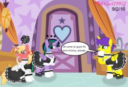 Size: 4076x2792 | Tagged: safe, artist:cinnamon-swirls, oc, oc only, oc:orion galaxy, oc:paladin knight, oc:velvet shade, alicorn, pony, kindverse, alicorn oc, clothes, crossdressing, dialogue, embarrassed, maid, offspring, parent:flash sentry, parent:good king sombra, parent:king sombra, parent:princess cadance, parent:princess celestia, parent:shining armor, parent:twilight sparkle, parents:celestibra, parents:flashlight, parents:shiningcadance, red face, sweat, sweating profusely