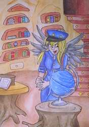 Size: 600x851 | Tagged: safe, artist:littlemissdevil1, derpy hooves, human, g4, book, female, globe, golden oaks library, humanized, mailmare, solo, spinning, traditional art, winged humanization