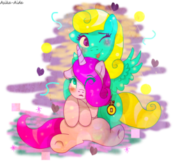 Size: 1626x1518 | Tagged: safe, artist:asika-aida, oc, oc only, cute, duo, looking at you, one eye closed, simple background, tongue out, transparent background, wink