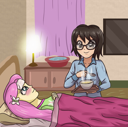 Size: 3507x3472 | Tagged: safe, artist:sumin6301, fluttershy, oc, oc:sumin, equestria girls, g4, bedroom, blushing, caring for the sick, duo, equestria girls-ified, food, glasses, high res, lamp, sick, smiling, soup, spoon