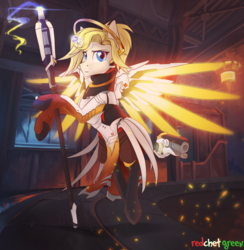 Size: 3000x3077 | Tagged: safe, artist:redchetgreen, pony, flying, gun, high res, magic, mercy, overwatch, ponified, solo, staff, telekinesis, weapon