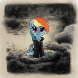 Size: 800x803 | Tagged: safe, artist:hewison, rainbow dash, pegasus, pony, g4, clothes, cloud, female, hoodie, sitting, solo, stormcloud