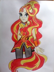 Size: 600x800 | Tagged: safe, artist:getaaa, sunset shimmer, equestria girls, g4, my little pony equestria girls: legend of everfree, clothes, crystal guardian, female, pants, ponied up, solo, traditional art