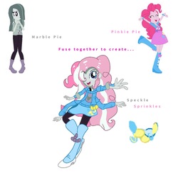 Size: 1000x1000 | Tagged: safe, artist:doraemonfan4life, marble pie, pinkie pie, oc, oc:speckle sprinkles, equestria girls, g4, balloon, boots, bracelet, clothes, equestria girls-ified, four arms, fusion, fusion:marble pie, fusion:pinkie pie, high heel boots, high heels, jewelry, multiple arms, skirt, socks