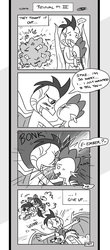 Size: 1024x2329 | Tagged: safe, artist:loreto-arts, apple bloom, princess ember, scootaloo, spike, sweetie belle, dragon, earth pony, pegasus, pony, unicorn, comic:friendship is innuendo, g4, abuse, applebuse, ball of violence, black and white, circling stars, comic, cutie mark crusaders, dizzy, double knockout, dragoness, female, fight, filly, foal, good end, grayscale, group fight, headbutt, holding a dragon, holding a spike, horn, impacted face, implied scootaspike, implied shipping, implied spikebelle, implied spikebloom, implied straight, injured, karma, male, monochrome, penta knockout, scootabuse, ship:emberspike, shipping, simultaneous knockout, spike gets all the mares, straight, sweetiebuse, swirly eyes, this did end in pain, triple knockout, wingless spike