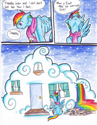 Size: 2552x3296 | Tagged: safe, artist:tristanjsolarez, rainbow dash, pegasus, pony, comic:trans ponies, g4, clothes, cloud, cloud house, comic, house, liquid rainbow, male, rainbow blitz, rainbow waterfall, rule 63, scarf, solo, stallion, traditional art, transgender, welcome mat