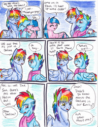 Size: 2552x3300 | Tagged: safe, artist:tristanjsolarez, firefly, rainbow blaze, rainbow dash, pegasus, pony, comic:trans ponies, g1, g4, clothes, colored pencil drawing, comic, crying, family, female, firefly as rainbow dash's mom, g1 to g4, generation leap, male, mare, rainbow blitz, rainbow dash's parents, rule 63, scarf, ship:fireblaze, shipping, stallion, straight, tears of joy, traditional art, transgender