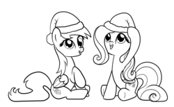 Size: 2117x1301 | Tagged: safe, artist:nimaru, derpy hooves, fluttershy, pegasus, pony, g4, female, hat, mare, monochrome, santa hat, simple background, sitting, white background