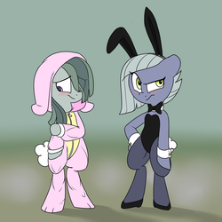 Size: 1280x1280 | Tagged: safe, artist:victoreach, limestone pie, marble pie, earth pony, pony, g4, animal costume, bipedal, black leotard, blushing, bow, bowtie, bunny costume, bunny ears, bunny suit, clothes, costume, cute, duo, duo female, female, leotard, limabetes, marblebetes, mare, playboy, playboy bunny, sisters