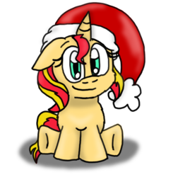 Size: 772x788 | Tagged: safe, artist:shonatabeata, sunset shimmer, pony, unicorn, g4, cute, female, floppy ears, hat, looking at you, mare, santa hat, shimmerbetes, simple background, sitting, smiling, solo, transparent background