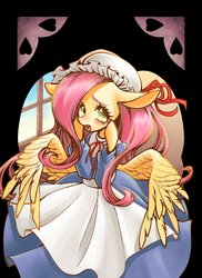 Size: 951x1309 | Tagged: safe, artist:unousaya, fluttershy, g4, blushing, bowtie, butt wings, clothes, crying, dress, female, floppy ears, open mouth, solo, string bow tie