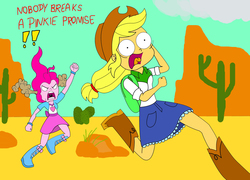 Size: 2479x1782 | Tagged: safe, artist:ultradolt, applejack, pinkie pie, human, equestria girls, g4, the last roundup, angry, backpack, boots, clothes, cowboy boots, cowboy hat, denim skirt, duo, duo female, ear steam, equestria girls interpretation, exclamation point, female, fist, hat, pinkie promise, running, scared, scene interpretation, shrunken pupils, skirt, stetson, wide eyes