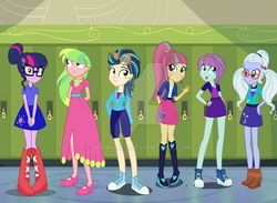Size: 564x412 | Tagged: safe, artist:airiana45, indigo zap, lemon zest, sci-twi, sour sweet, sugarcoat, sunny flare, twilight sparkle, equestria girls, g4, boots, clothes, converse, high heel boots, shadow six, shoes, skirt, sneakers, watermark